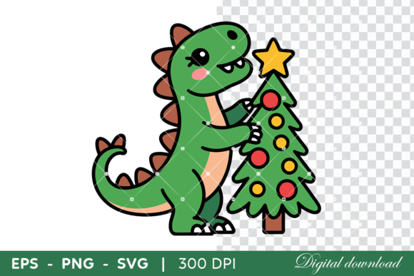Cute Dinosaur Decorating Christmas Tree: A Festive Graphic for Local Brands